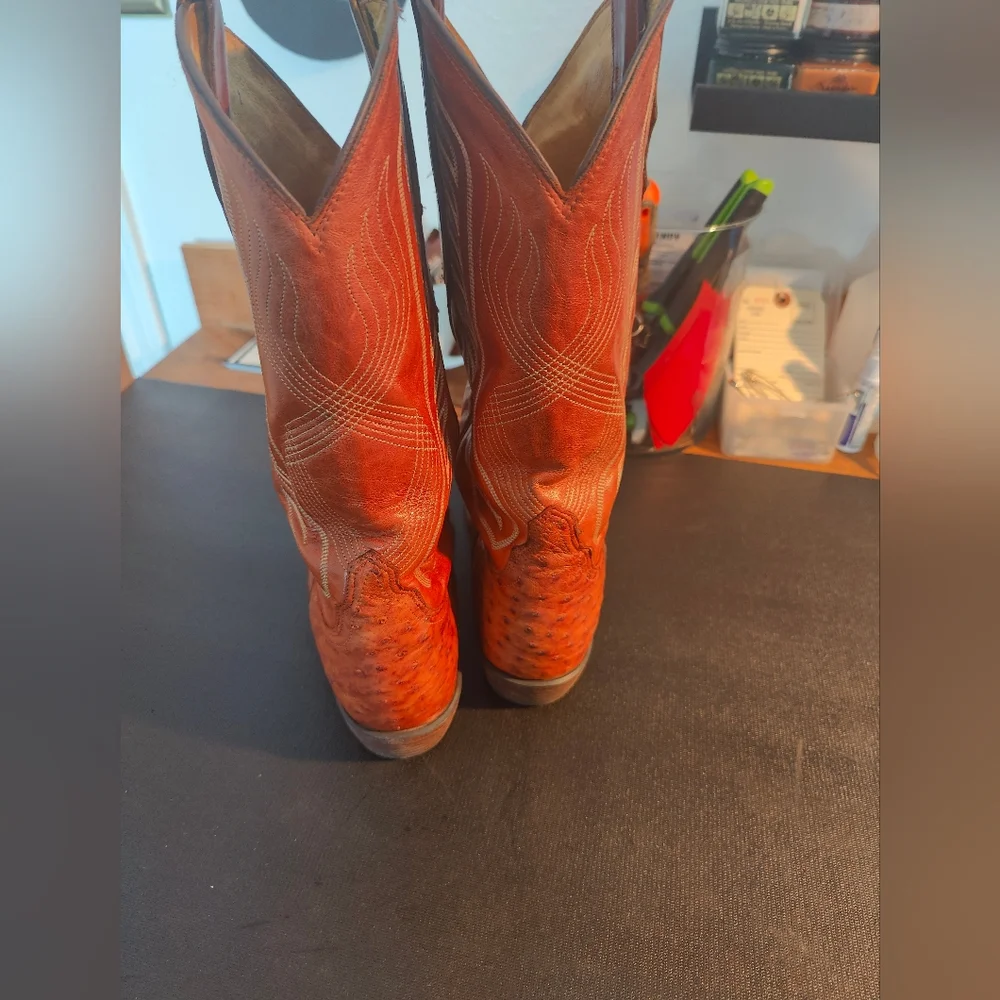 Tony Lama Men's Full Quilted Ostrich Cowboy Boots 9.5D Brown/Orange Color - Picture 4 of 7